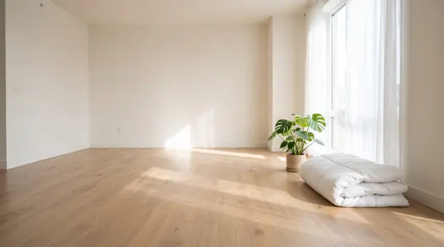 맑은 아침 빈 거실 원목 바닥에 놓인 몬스테라 화분과 개어 둔 흰 이불, 얇은 커튼 사이로 드는 햇빛